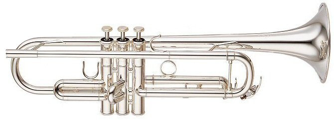 Yamaha 5335GS Trumpet. Made in Japan. Intermediate Model. Regular-weight Bb trumpet. Gold-brass bell. Bell: 123mm (4-7/8") ML Bore: 11.65mm (0.459") Silver plated finish. 