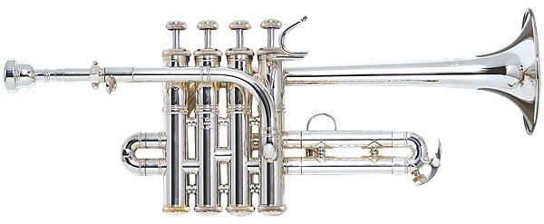 "Vincent Bach" - Piccolo, Key of Bb/A, one piece hand hammered yellow brass bell (Long bell model), four valves, mouthpipes for Bb and A, extra slide that replaces fourth valve slide for tuning to "G", monel pistons, Bob Reeves valve alignment, silver-plated finish, comes with genuine Vincent Bach mouthpiece and leather gig bag 