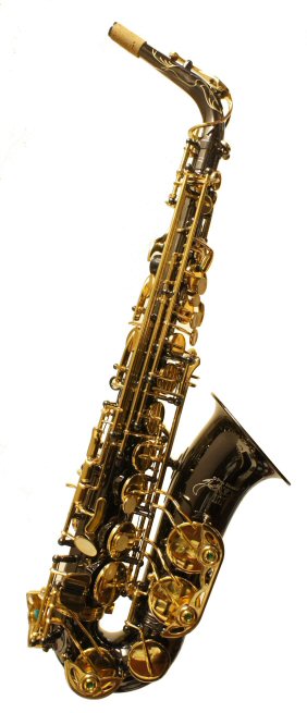 Prosound Alto Sax Black. Double key arms on C B & Bb. Highly engraved. Black body with retro gold lacquered keys. Warm Vintage tone quality