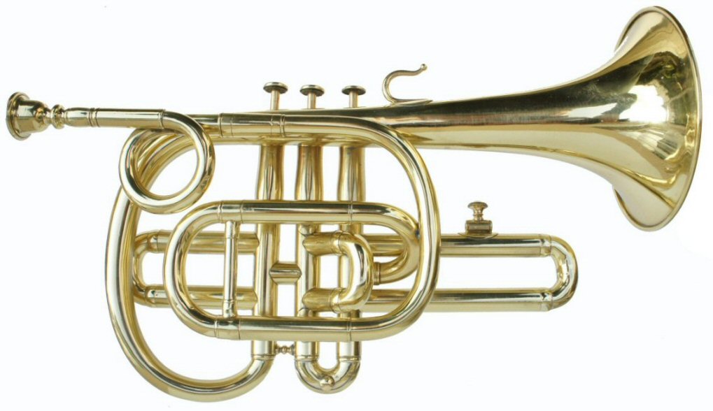 Brass Cornopean with 3 Crooks. No maker's name. 3 crooks included. Ab G & F. Lacquered brass finish. Case included