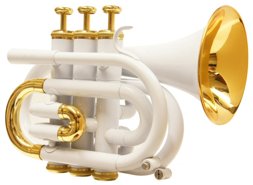 Jupiter Pocket Trumpet White Lacquer. Bore11.68mm Bell 94mm Body lacquer Pistons nickel silver Amado style water keys. Tightly wound body for gig work, ideal for practice. The Jupiter Pocket Trumpet with White Lacquer looks stunning