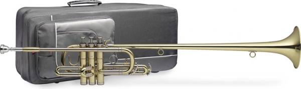 Stagg Bb Herald Trumpet. Soft case. 3 stainless steel pistons. Red-brass leadpipe. Nickelsilver tuning slides. 1st valve slide saddle. 3rd adjustable valve slide finger ring. Bell: 125 mm or 4 30/32". Bore: 11.66 mm/ 7/16 in. in. Lacquered body