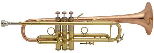 Bach LR19043B Trumpet. .459 bore, 5"diameter one-piece hand-hammered bronze #43 bell with flat rim. #25LR mouthpipe with reverse tuning construction, two-piece valve casing. Monel pistons, 1st slide thumb ring, reversed adjustable 3rd slide rod stop. deluxe engraving, clear lacquer finish