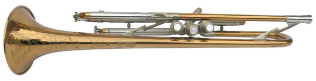 Lew Davis "Autograph" Trumpet. One piece red brass bell. Radial valves with middle valve offset. Many Art Deco features