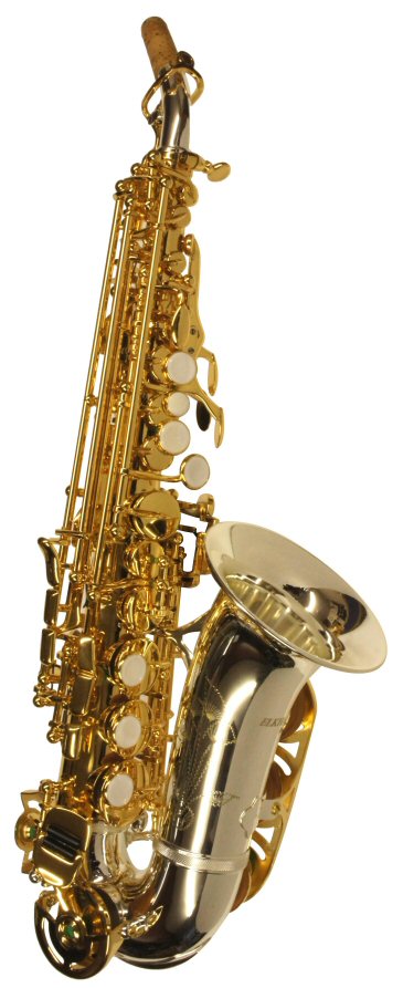 Elkhart Curved Soprano Sax with Silver Plated Neck & Bell. Lacquered body and keys, engraved bell. Elkhart Curved Soprano Saxes are supplied complete with deluxe case