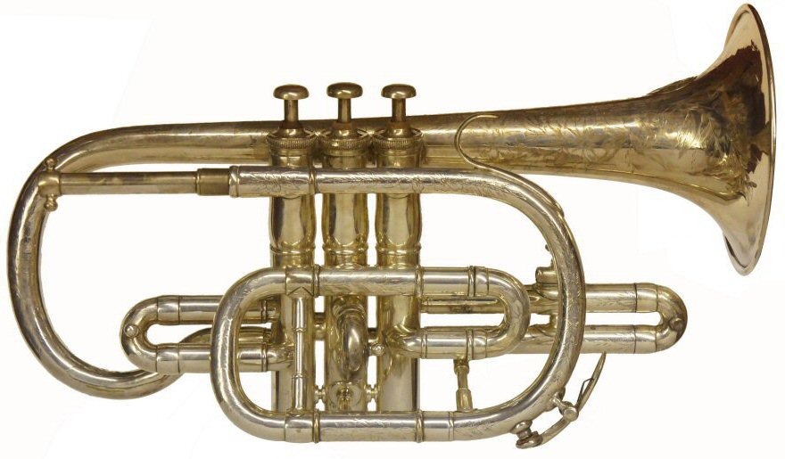 Higham Clearbore Cornet. Engraved on bell. Clearbore contesting model Class A EXHIBITION PRIZE MEDAL AWARDED TO J HIGHAM ltd Makers 127 Strangeways, Manchester, England. Restored to reasonable playing order. Instrument only . Price £399.00