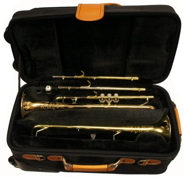 Jupiter 1014RL-ST TRUMPET. Outfit includes 2 bells, yellow brass & gold brass. 3 leadpipes, yellow brass, gold brass & sterling silver. Double case with real leather trim