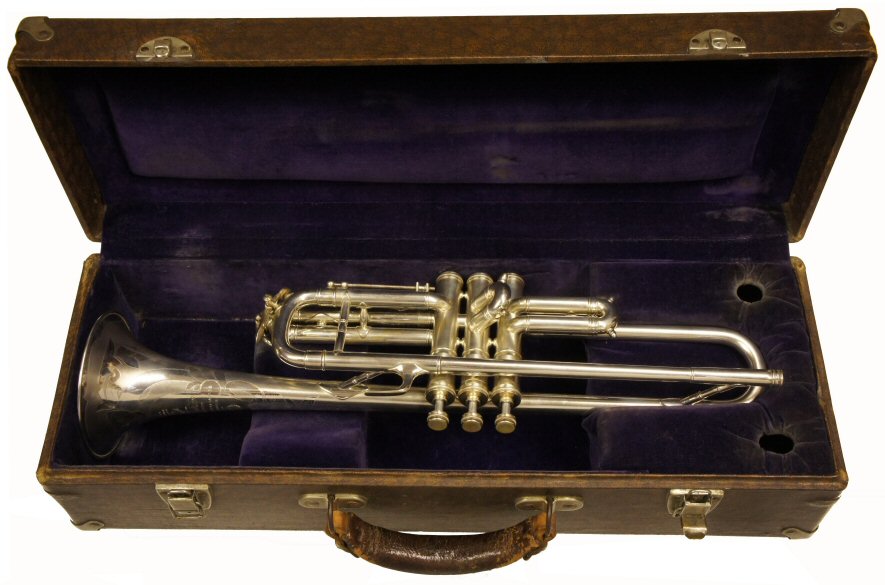 Selmer Louis Armstrong Trumpet. Frosted silver plate. Very good condition & in very good playing order. "L Armstrong" engraved on valve casing. Original case included. Valves reconditioned by "Doctor Valve" USA. Price £2550.00