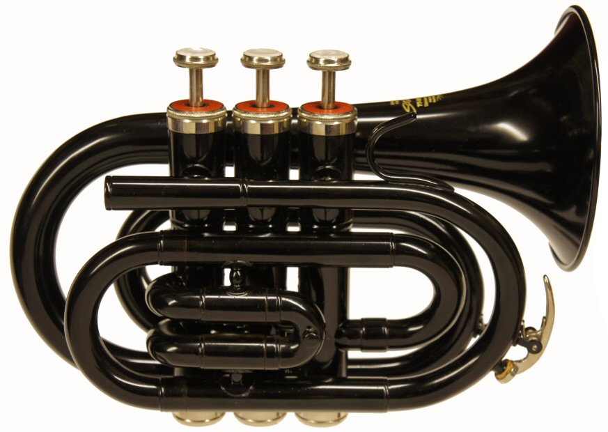 Stagg Black Pocket Trumpet. Black lacquer finish. Outfit includes hard case & mouthpiece