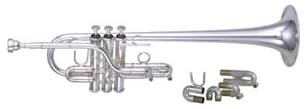 Kanstul 923 Eb/D Trumpet. .460" bore size, No.239 one piece hand hammered yellow brass bell, No.25 mouthpipe. Metal valve guides, hand-fitted monel pistons, 1st and 3rd slide rings. Includes standard Gladstone case & CG3 mouthpiece. "The Model 923 "Long Bell" Eb/D trumpet features a no.239 bell and a large .460" bore, giving it a strong dark sound ideal for symphonic work. This trumpet adapts easily to either key with two interchangeable sets of slides"