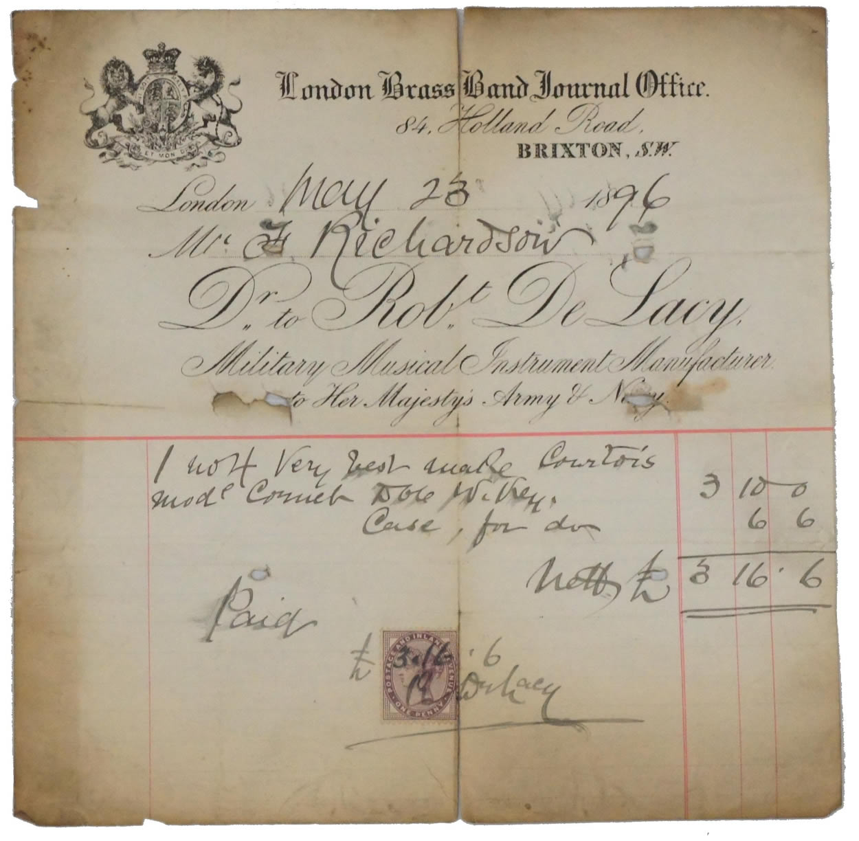 Receipt for De Lacy Cornet C1896